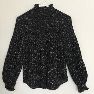 Lauren Ralph Lauren Pleated Long Sleeve Chiffon Black/White Birds Blouse Sz PXS